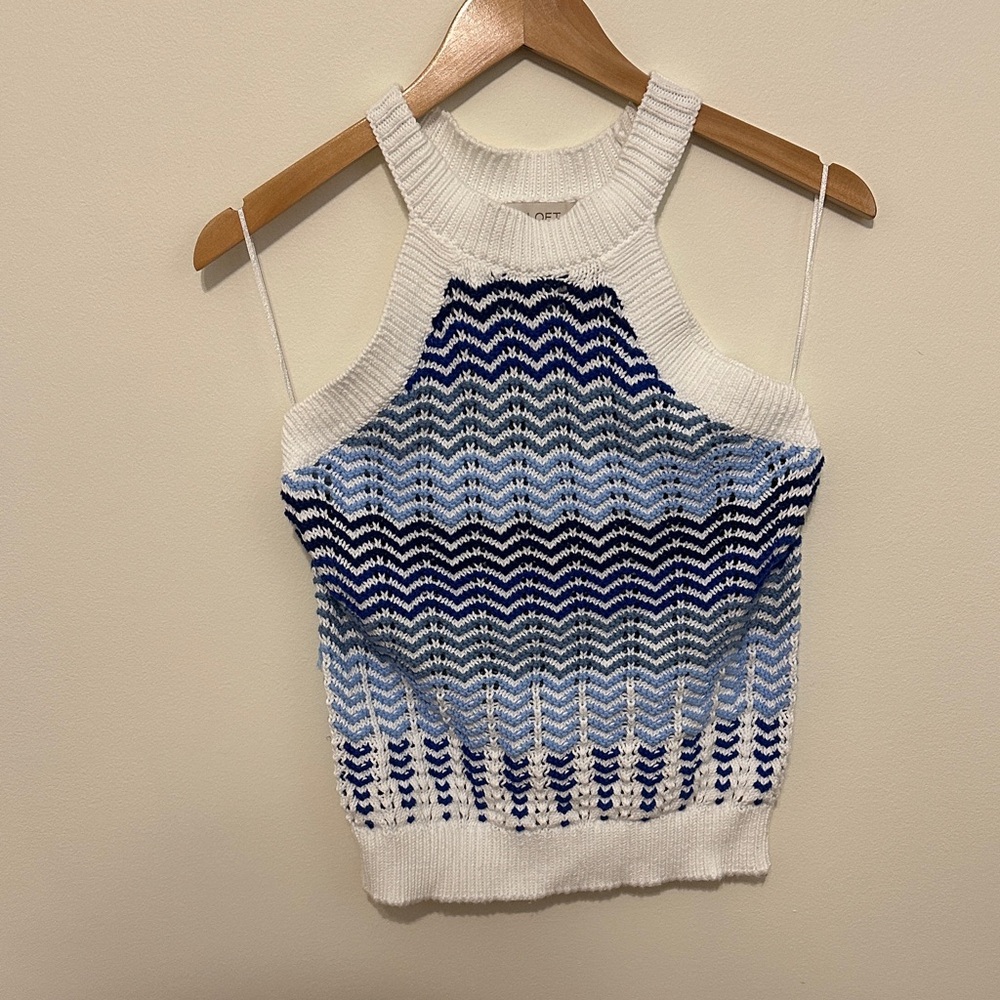 LOFT White and Blue Patterned Tank Top